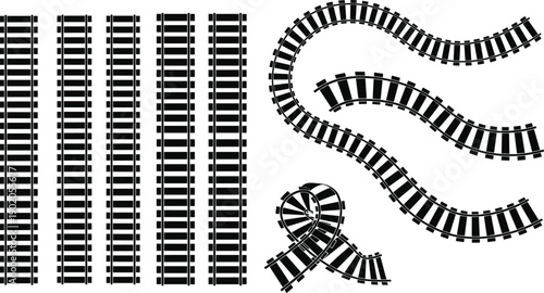 Railway track silhouette collection showing straight and curved train rail segments for transportation infrastructure design isolated on white background illustration set