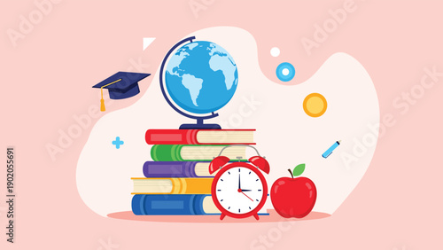 Stack of colorful educational books with a globe, graduation cap, alarm clock, and apple, symbolizing learning, knowledge, and academic pursuits.