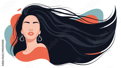 Striking portrait of a woman with long, flowing dark hair and statement earrings, against an abstract background, symbolizing beauty, style, and freedom.