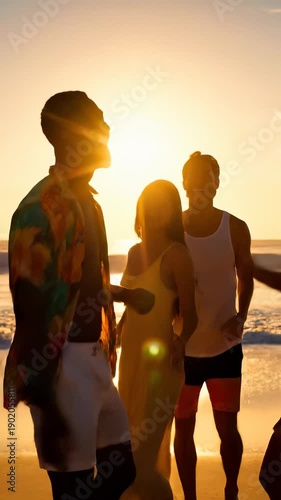 Friends enjoying sunset beach party. They dance, laugh, and celebrate together on sandy shore. Vibrant atmosphere creates unforgettable memories in this vertical experience.