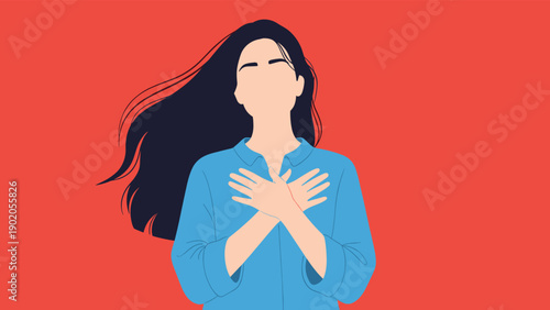 Minimalist illustration of a woman with long dark hair, crossing her hands over her chest, conveying gratitude, self-love, or peace against a vibrant red background.