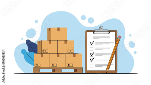 Stack of cardboard delivery boxes on a pallet next to a clipboard with a checked checklist and a pencil, symbolizing efficient logistics and order fulfillment.