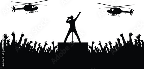 Rock concert stage silhouette with singer, cheering crowd and helicopters overhead dramatic music event vector illustration isolated on white background