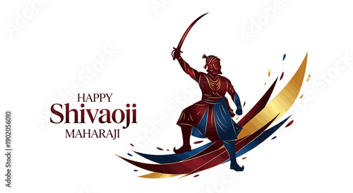 Illustration of Chhatrapati Shivaji Maharaj in traditional attire holding a sword, celebrating Shivaji Jayanti with a dynamic brush stroke design in saffron and blue hues on a white