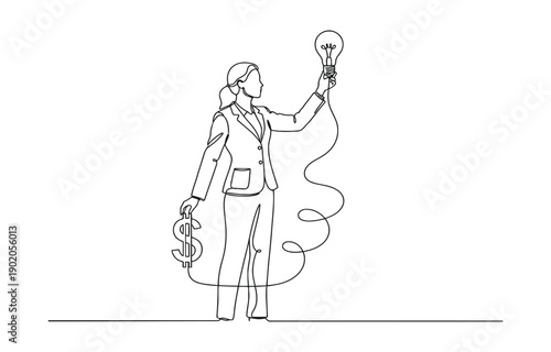 Businesswoman connect lightbulb with money dollar sign continuous line art.