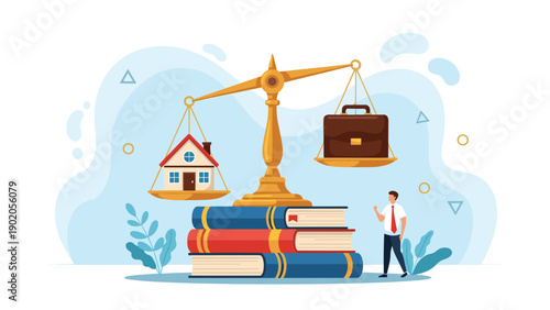 Man contemplating the balance between a house and a briefcase on a scale atop books, symbolizing the legal and educational aspects of work-life balance decisions.