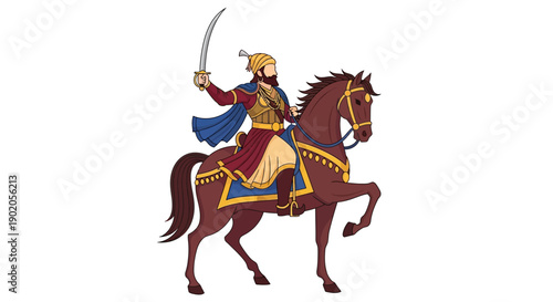 Illustration of Chhatrapati Shivaji Maharaj riding a horse with a sword on Shivaji Jayanti, a historic nationalistic celebration in Maharashtra, India.