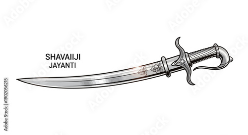 Illustration of a curved sword with intricate handle on white background celebrating Shivaji Jayanti, a historic Indian nationalistic occasion.