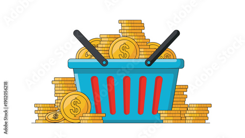 Blue shopping basket overflowing with golden dollar coins, surrounded by stacks of money, symbolizing shopping savings, investment, and financial prosperity.