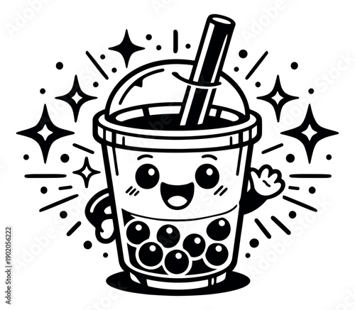 Hand drawn line art illustration of a cute bubble tea character depicting a happy wave for a beverage promotion