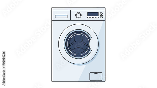 Modern front-loading washing machine with a sleek design, symbolizing laundry, household chores, cleanliness, and domestic life.