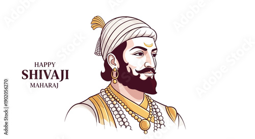 Illustration of Chhatrapati Shivaji Maharaj in traditional attire with a saffron background celebrating Shivaji Jayanti in a nationalistic and historic style.
