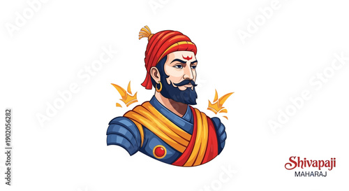 Illustration of Chhatrapati Shivaji Maharaj, a historic Indian figure, in traditional attire with saffron and yellow accents, on a white background, conveying a nationalistic mood.