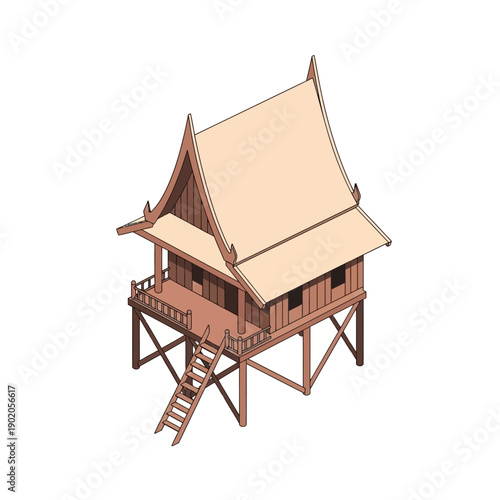 Traditional Stilt House with Wooden Structure and Elevated Design.