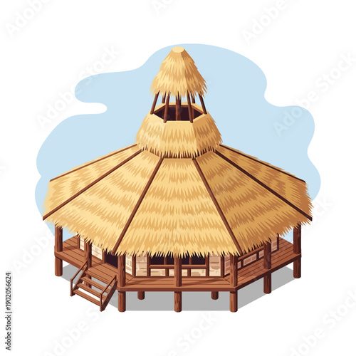 Traditional thatched roof hut with wooden deck and stairs.
