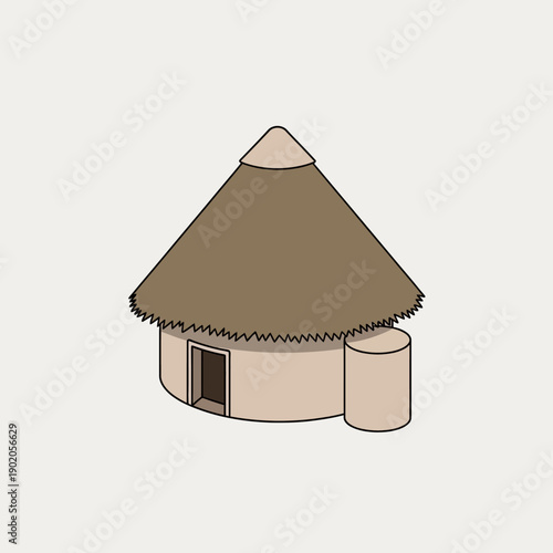 Traditional African style round hut with thatched roof and cylindrical structure.