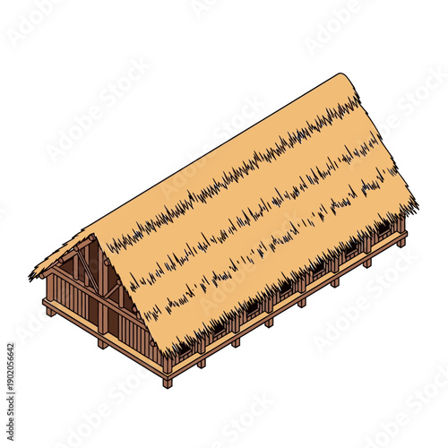 Traditional thatched roof hut with wooden structure and elevated platform.