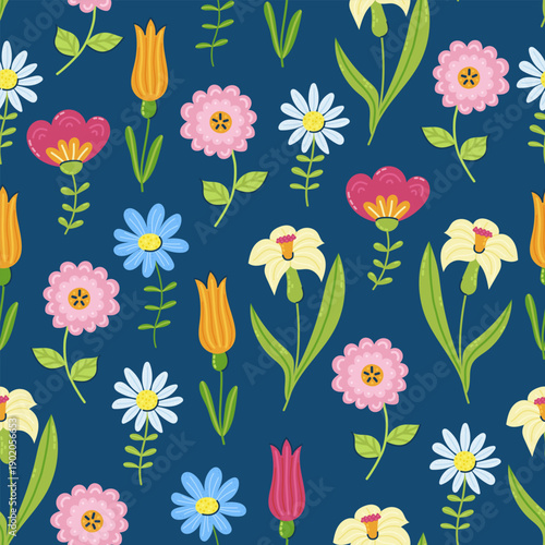 Seamless pattern with Spring flowers on dark background. Seasonal hand drawn card, poster, web banner. Vector illustration.