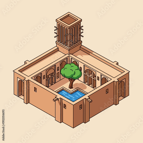 Isometric illustration of a serene courtyard with a tree and pool.