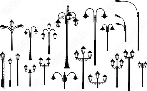 Street lamp silhouette collection featuring vintage and modern outdoor lighting poles, urban streetlight designs, decorative lanterns, city infrastructure elements, isolated black vector set
