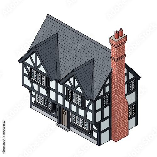 Isometric illustration of a traditional English Tudor style house with half-timbered facade and chimney.