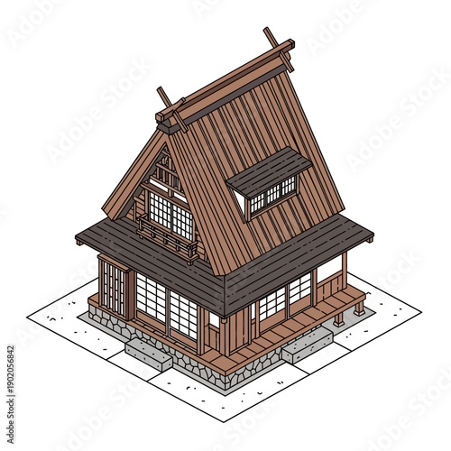 Isometric illustration of a traditional Japanese wooden house with a tiled roof and a spacious porch.