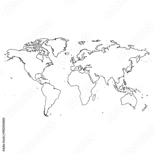 Simple black and white world map outline illustration.