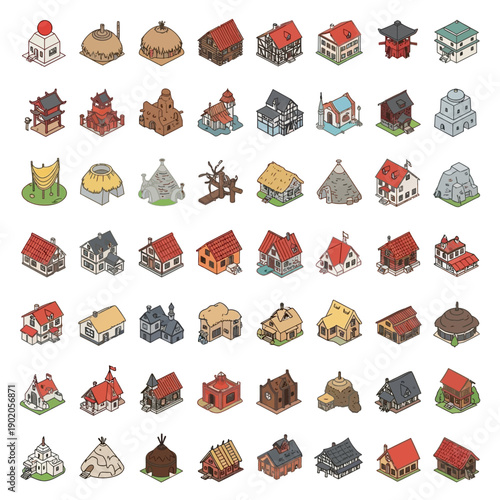 Collection of various medieval style cartoon houses and buildings.
