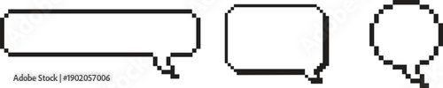 Set of Pixel Art Speech Bubbles and Chat Clouds. Retro 8-Bit Style Comic Dialogue Boxes with Black Outlines for Gaming UI and Social Media Communication
