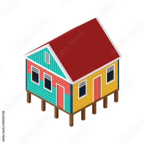 Colorful wooden house on stilts with red roof and vibrant exterior.