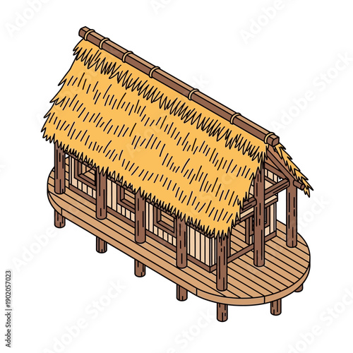 Traditional thatched roof hut on wooden stilts with deck.