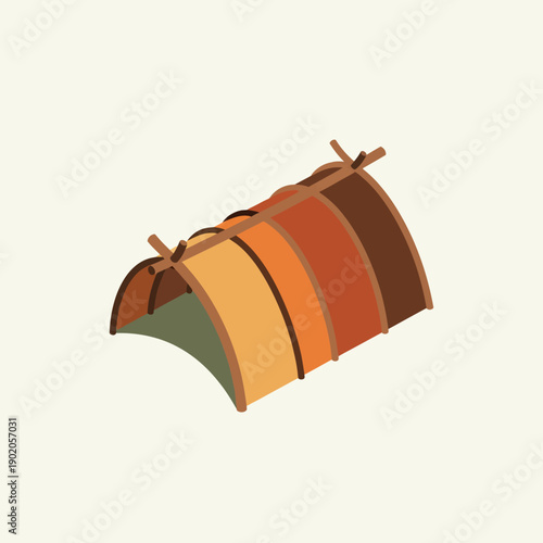 Colorful cartoon tent with wooden poles and striped fabric.