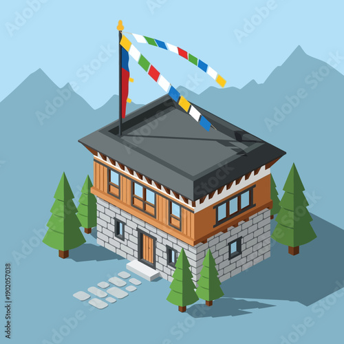 Tibetan style house with prayer flags on roof.