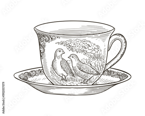 Porcelain cup with plate dishware sketch in vintage style. Festive tableware with quail bird print. Hand drawn serving vector illustration. Ideal for template design. Ceramic art for greeting card.