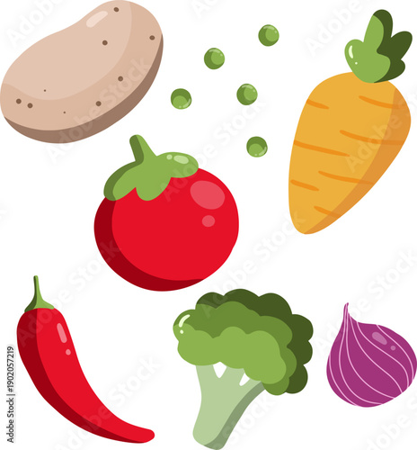 Assorted vegetables and spices arranged together in a flat illustration