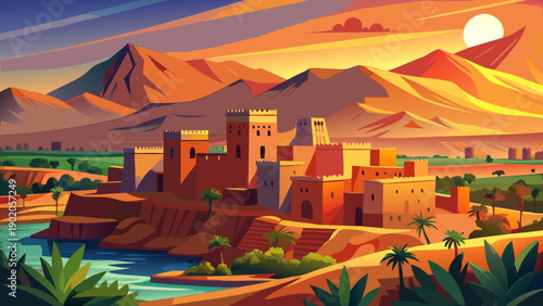 Very beautiful sunrise or sunset view of Ait Ben Haddou Kasbah, with warm desert tones, Atlas Mountains backdrop, and timeless Berber architectural heritage.