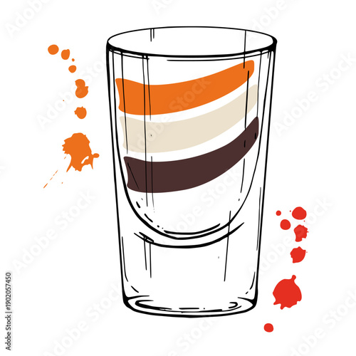 Modern vector B-52 cocktail shot in amber, cream and coffee layers, with liquid juice splatter detail. Isolated flat illustration hand drawn in ink for digital branding, cafe icons, or menu graphics.