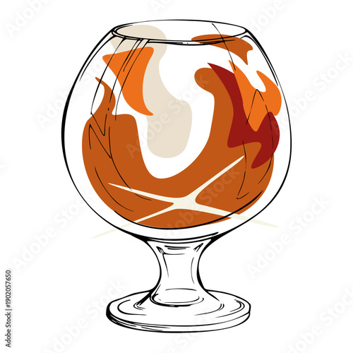 Modern vector Aperol Spritz, wine in balloon glass, rum cognac brandy spirits, juice swirl. Amber color pop, refined ink hand drawn outline. Ideal for product branding, bar signage, digital assets.