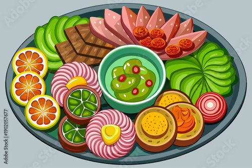 Top view of meat platter with assorted cuts garnishes and green salsa in minimalist setting clean composition modern food styling overhead photography