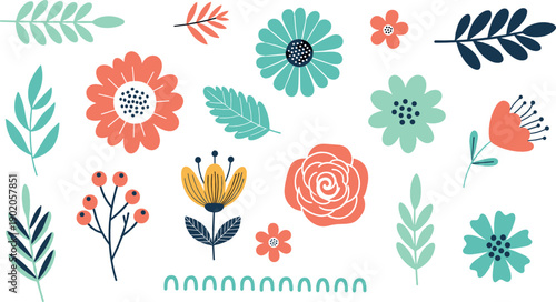 Colorful flat floral illustration set with decorative flowers leaves and botanical elements in modern hand drawn style for spring design projects