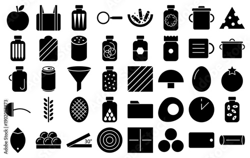 Kitchen and food icons featuring pantry staples, cookware, and ingredients in a black glyph style
