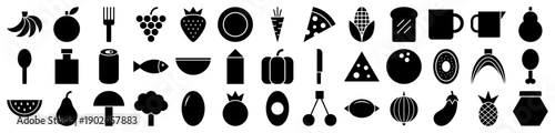 Minimalist set of black filled food and kitchen icons for digital interfaces
