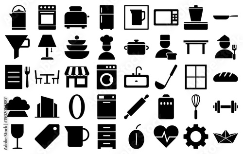 Kitchen and household icons in a black solid glyph style featuring appliances and cooking tools