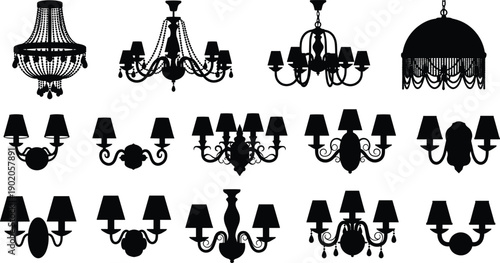 Vintage chandelier and wall sconce silhouette set isolated on white background, elegant classic luxury lighting collection for interior design and decor projects