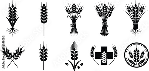 Wheat ear and sheaf silhouette icon set featuring agricultural grain symbols, farming harvest emblems, cereal crop logos, rustic rural design, isolated black vector illustration