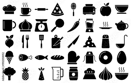 Kitchen and food icons in a black solid glyph style for culinary apps and menu design.