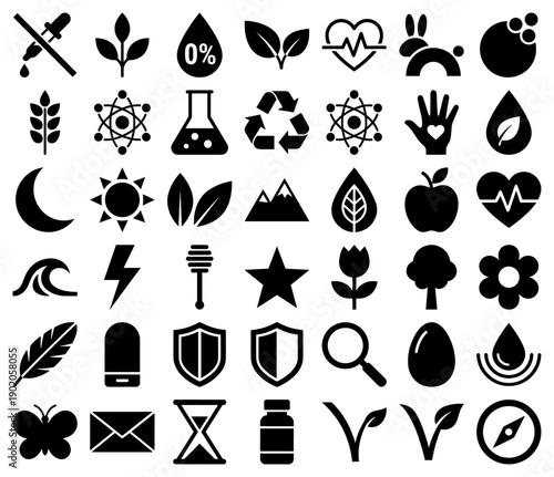 Natural and eco friendly icons in a minimalist black filled glyph style for packaging and web design.