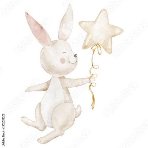 Wallpaper Mural Watercolor Hare holding a balloon in gentle pastel colors. Sweet animal illustration for children designs, nursery posters, baby shower cards, party invitations. Art of cute Rabbit for fairytale. Torontodigital.ca