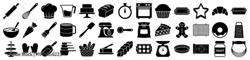 Baking and pastry icons in a minimalist black silhouette style for kitchen and bakery design.