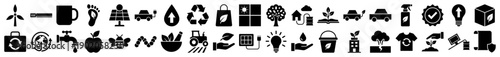 Sustainability and eco friendly lifestyle icons in a black filled minimalist glyph style.